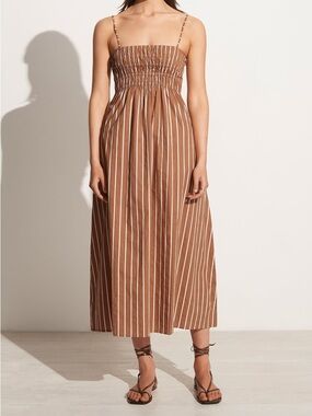 FAITHFUL THE BRAND - Brown Striped Smocked Midi Dress